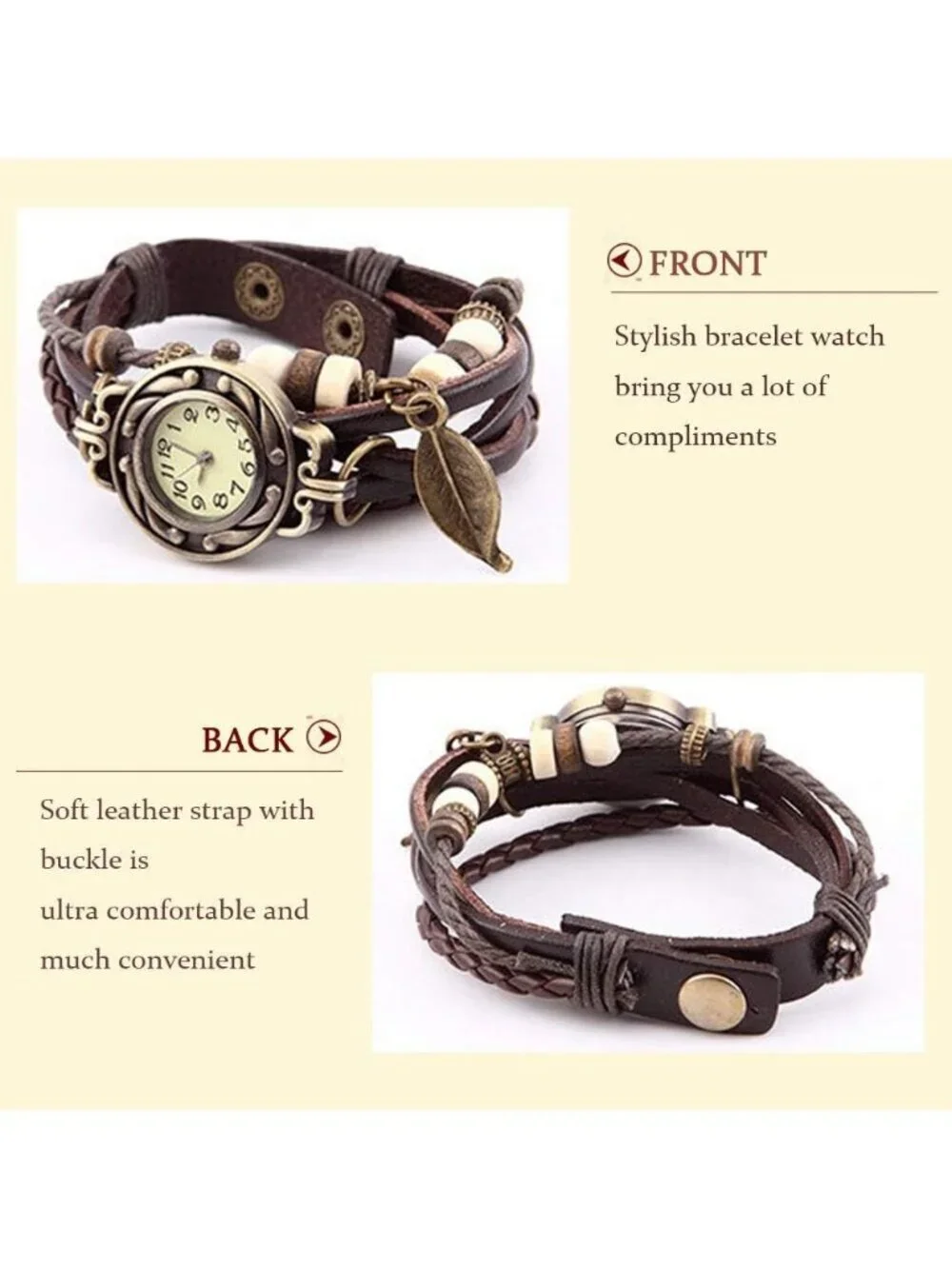 Women's Brown Analog Quartz Leaf Bracelet Weave Wrap Around Leather Wrist Watch